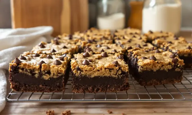 Une rangée de délicieux brookies, parfaits pour une recette facile. Le brownie chocolaté rencontre la pâte à cookie, le tout garni de pépites de chocolat.