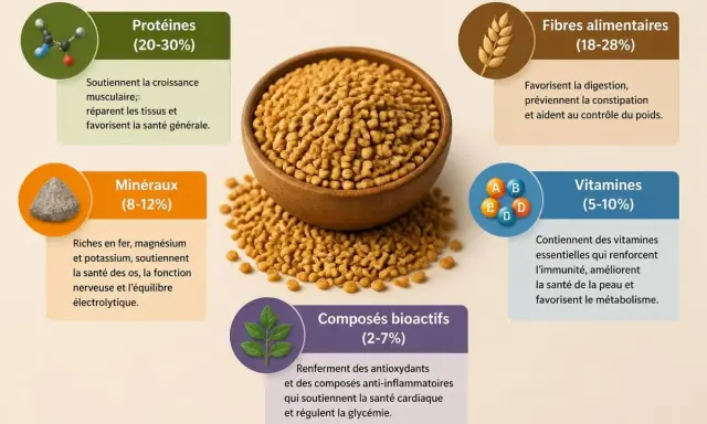 Graines de fenugrec dans un bol, entourées d'informations sur leurs protéines, fibres, minéraux, vitamines et composés bioactifs. Les fenugrec bienfaits sont nombreux pour la santé.