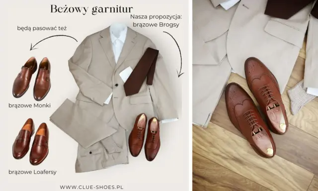Beżowy garnitur z brązową koszulą i krawatem. Pokazane propozycje: jakie buty do garnituru - brązowe brogsy, monki i loafersy.