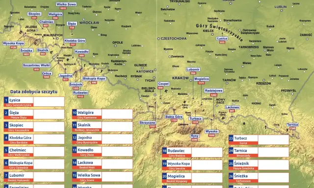 Mapa Polski z zaznaczonymi szczytami, w tym korona gór polskich.