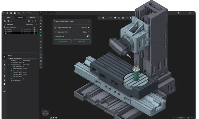 Interfaccia di progettazione CAD per fresatura a 5 assi, con modello 3D di una macchina utensile e dettagli di setup.