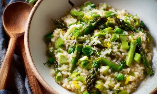En krämig sparris risotto med gröna ärtor och toppad med parmesan. Perfekt för en lätt lunch eller middag.
