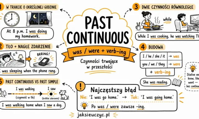 Ilustracja wyjaśnia, kiedy past continuous jest używany: do czynności trwających w przeszłości, np. "I was doing homework".
