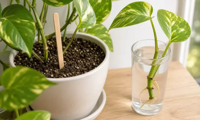 Pothos in vaso e talee in acqua con radici. Consigli per la pothos cura e propagazione.