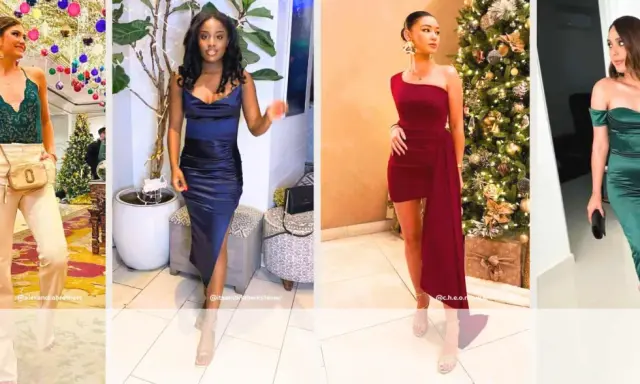 Four women showcase festive outfits, perfect for a Christmas party dress code. From elegant gowns to chic separates, they embody holiday glamour.