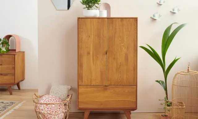 Un buffet haut en bois de chêne, avec un tiroir et deux portes, orné de plantes et d'objets décoratifs.