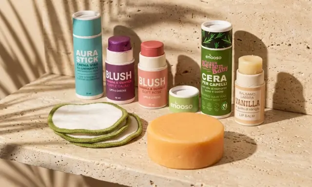 Cosmetici non testati su animali: stick illuminante, blush viola e rosa, cera per capelli, balsamo labbra alla vaniglia e dischetti struccanti.