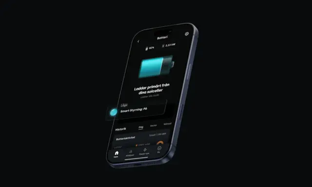 En mobilskärm visar Tibber Sungrow-appen, med batteristatus och smart styrning aktiverad.