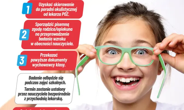 Uśmiechnięta dziewczynka w okularach zachęca do przesiewowego badania wzroku. Dowiedz się, jak wziąć udział!