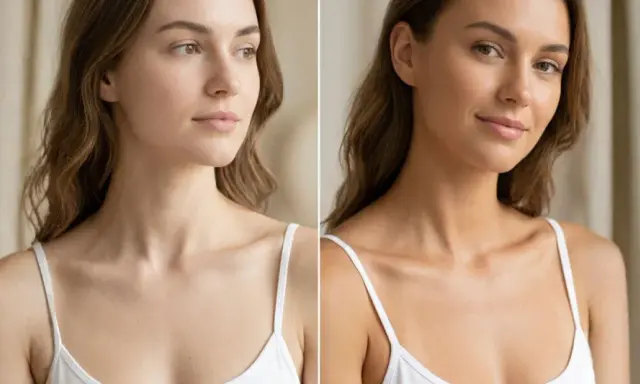 Comparación de piel: antes y después de un bronceado. La piel naranja de la cara se ve más radiante y saludable.