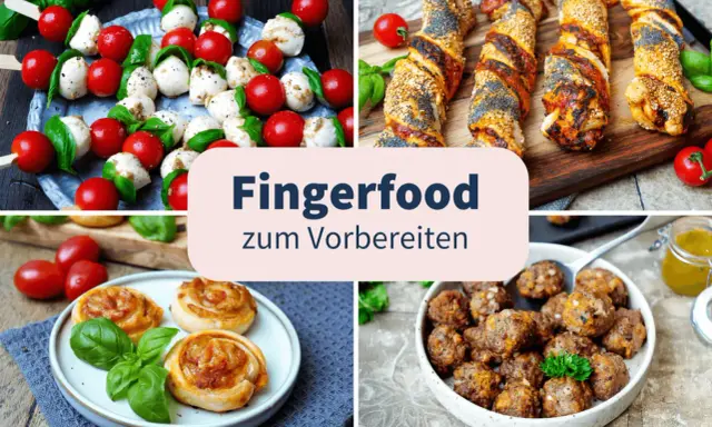 Vier Collagen zeigen Fingerfood: Caprese-Spieße, herzhafte Teigschnecken, Hackbällchen und Blätterteigstangen. Perfekt für kalte Gerichte zum Vorbereiten!