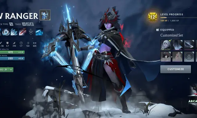 Drow Ranger z arcaną, lodowym łukiem i zimową zbroją. Postać w grze Dota 2.