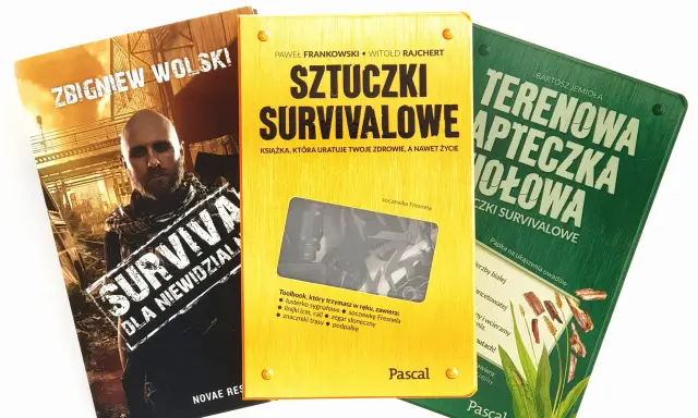 Trzy książki o tematyce survivalowej: "Sztuczki survivalowe", "Survival dla niewidzialnych" i "Terenowa apteczka wołowa".