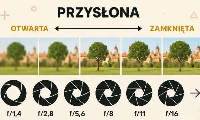 Ilustracja pokazuje, jak przysłona w aparacie wpływa na głębię ostrości. Od otwartej (f/1,4) do zamkniętej (f/16).