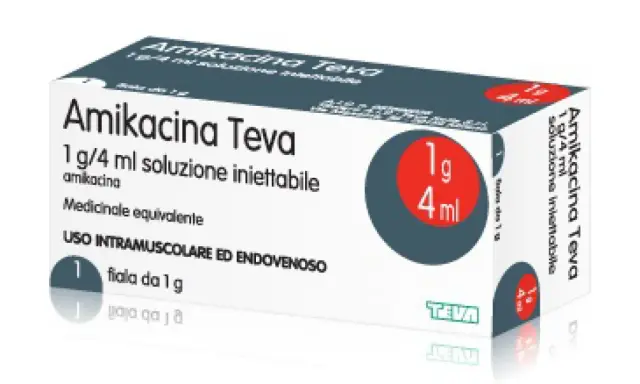 Scatola di Amikacina Teva 1g/4ml, soluzione iniettabile. Informazioni su amikacina effetti collaterali sono nel foglietto illustrativo.