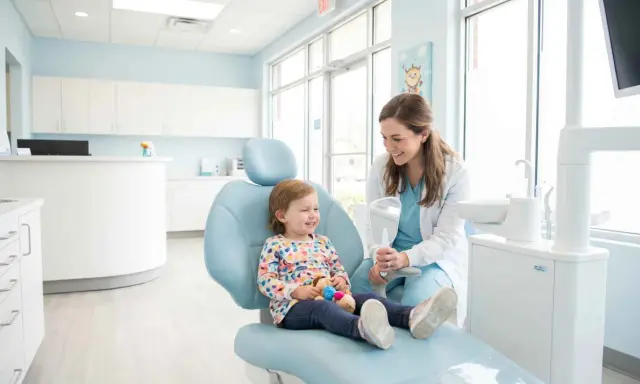 Uśmiechnięte dziecko u dentysty, trzymające pluszową zabawkę, siedzi na fotelu, podczas gdy dentystka pokazuje mu lusterko.