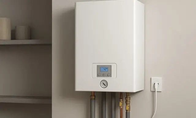 Nowoczesny piec elektryczny do domu 100m2, z cyfrowym wyświetlaczem i termometrem, podłączony do gniazdka.
