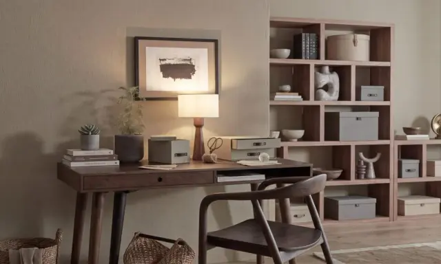 Elegancka organizacja biurka: lampa, rośliny, książki i pudełka do przechowywania tworzą harmonijną przestrzeń do pracy.