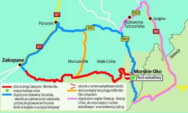 Mapa dróg z Zakopanego do Morskiego Oka. Droga Oswalda Balzera oznaczona kolorem czerwonym, z objazdami i odcinkami wahadłowymi.