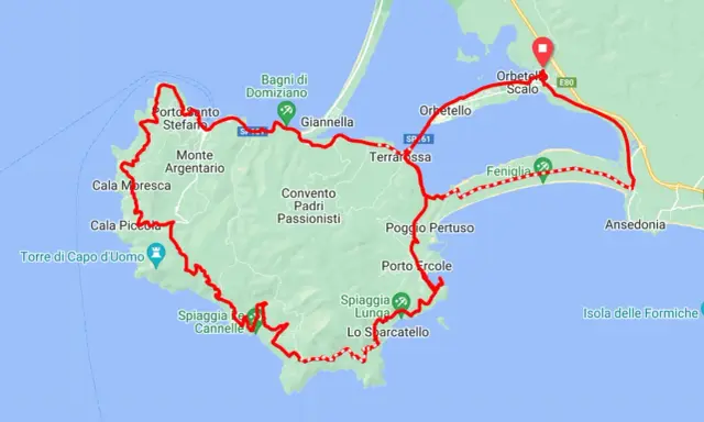 Mappa delle piste ciclabili dell'Argentario, con itinerario che tocca Porto Santo Stefano, Giannella, Orbetello, Feniglia e Porto Ercole.