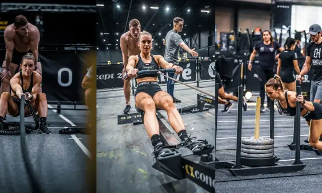 Kobiety wykonują ćwiczenia w stylu Hyrox: ciągną liny, wiosłują i pchają sanie. To pokazuje, hyrox co to za wyzwanie.