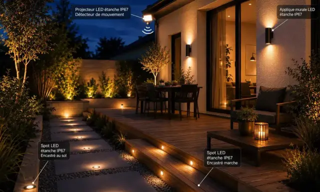 Éclairage extérieur moderne : projecteur, appliques murales et spots LED encastrés au sol et sur les marches, illustrant les 4 types d'ampoules pour un jardin illuminé.