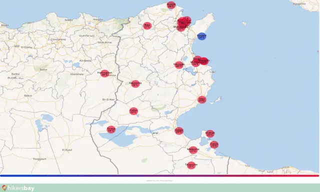 Mapa temperatur w Tunezji w maju: od 24°C w Douane do 34°C w Tozeur.