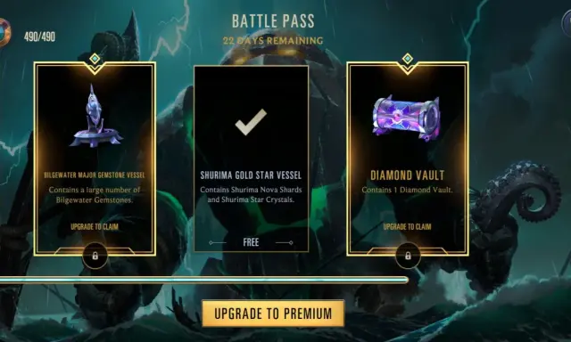 Ekran gry z menu BATTLE PASS. Widoczne nagrody: Bilgewater Major Gemstone Vessel, Shurima Gold Star Vessel (darmowy) i Diamond Vault.