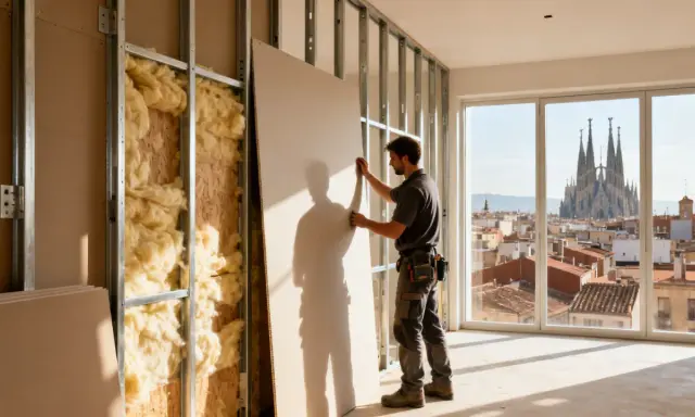 Obrero instala panel de pladur en estructura metálica, paso clave para como hacer una pared de pladur. Vista de Barcelona al fondo.