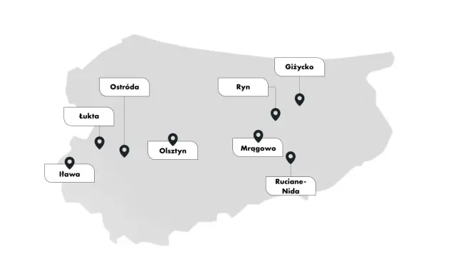 Mapa z zaznaczonymi miastami: Iława, Łukta, Ostróda, Olsztyn, Ryn, Giżycko, Mrągowo, Ruciane-Nida. Gdzie na Mazury?