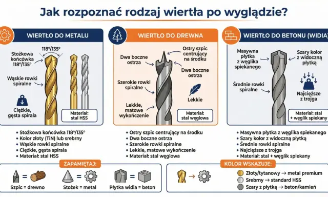 Wiertła do metalu mają stożkową końcówkę 118°/135°, wąskie rowki spiralne i są ciężkie. Złote lub srebrne.