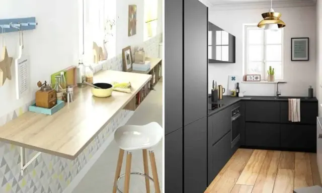 Plan petite cuisine : un coin repas clair avec table rabattable et un coin moderne tout en noir.