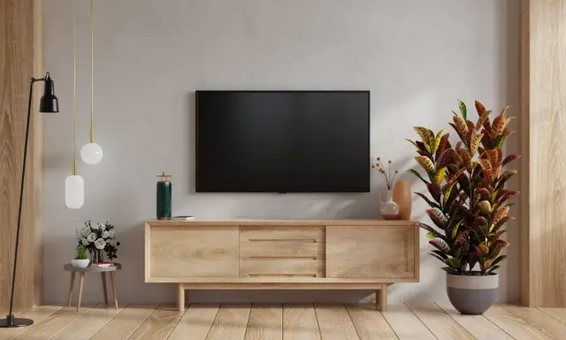 Nowoczesne aranżacje salonu z telewizorem na ścianie. Drewniana szafka RTV, lampa podłogowa i ozdobna roślina tworzą przytulną atmosferę.