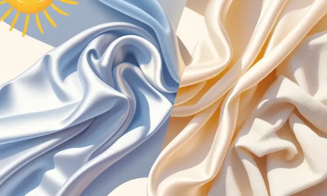 Light blue and cream silk fabrics draped, with a sun graphic. Is silk good for hot weather? Yes, it's breathable and cool.