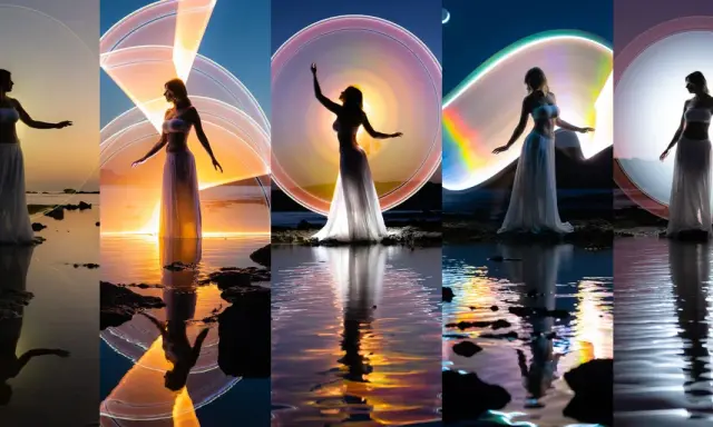 Silhouette di donna in abito bianco su sfondo di luce colorata e riflessi sull'acqua. Un'opera di light painting.