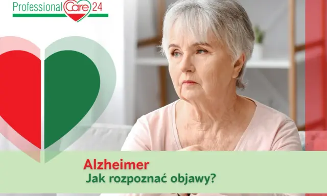 Zmartwiona starsza kobieta, symbol serca i napis "Alzheimer. Jak rozpoznać objawy?".