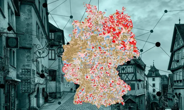 Karte Deutschlands mit farbigen Regionen, überlagert von einer historischen Gasse. Das urbane Leben wird durch die Vernetzung von Städten und Regionen dargestellt.