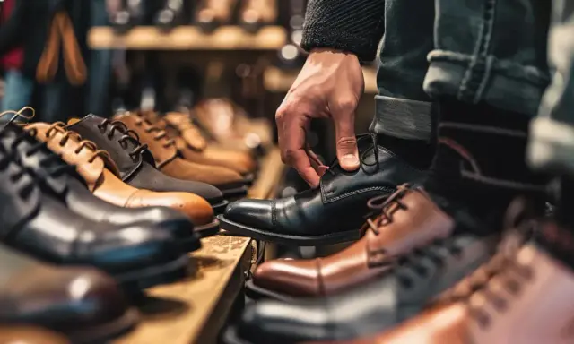 En hand justerar en svart lädersko. Flera par herrskor i olika färger och modeller visas upp i en butik. Viktigt att veta hur mycket utrymme i skor vuxen behöver.