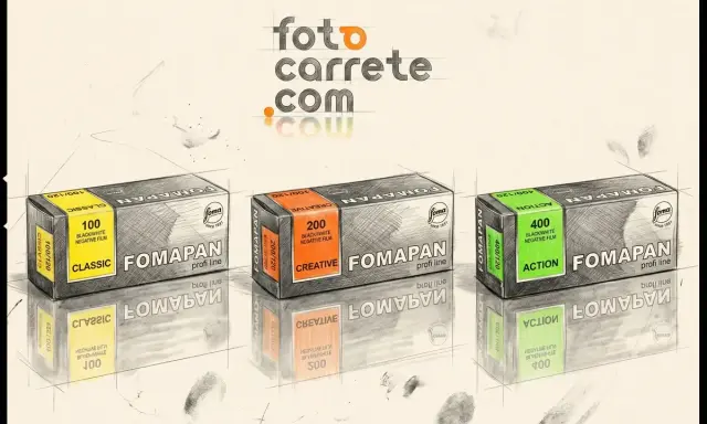Tres tipos de carretes de fotos Fomapan: Classic 100, Creative 200 y Action 400, con sus cajas y reflejos.
