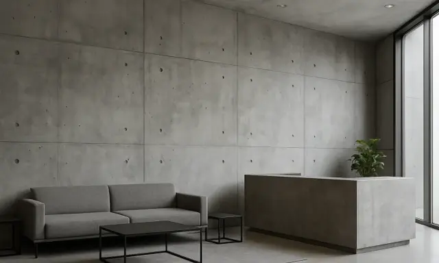 Nowoczesny salon z betonem architektonicznym. Sofa, stolik kawowy i recepcja tworzą minimalistyczną aranżację wnętrz.