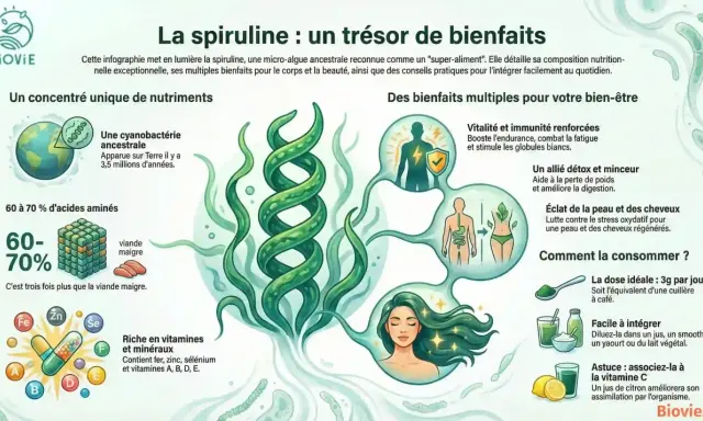 Infographie sur la spiruline, riche en fer et nutriments. Elle détaille ses bienfaits pour la vitalité, la détox, la peau et les cheveux.