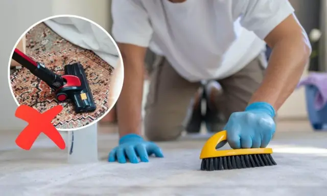 Hombre con guantes azules cepillando alfombra. Un círculo muestra aspiradora con cruz roja, indicando no aspirar. Limpiar alfombras en casa es más efectivo con cepillo.