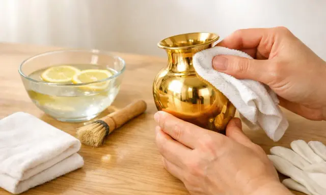Comment nettoyer du laiton doré : une main frotte un vase doré avec un chiffon blanc. À côté, un bol d'eau citronnée, une brosse et des gants.