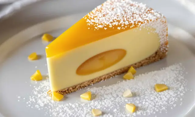 Tranche de cheesecake onctueux avec un cœur coulant et un glaçage jaune vif, saupoudrée de sucre glace. Des morceaux de fruit de la passion décorent l'assiette.