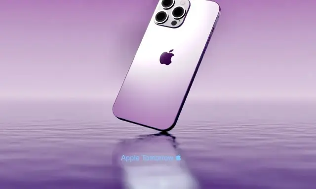 Elegancki, fioletowy iPhone 14 z potrójnym aparatem unosi się nad wodą, odbijając się w jej tafli.