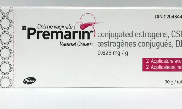 Opakowanie maści z estrogenem Premarin, krem dopochwowy 0.625 mg/g, 30 g. Zawiera 2 aplikatory.