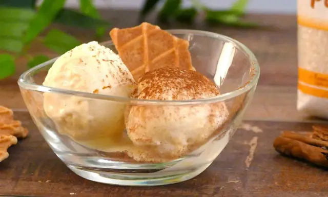 Dos bolas de helados caseros en un cuenco de cristal, espolvoreados con canela y acompañados de galletas.