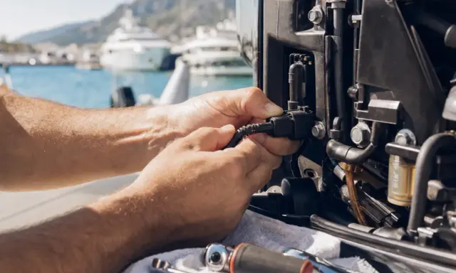 Réparation d'un panne moteur électrique sur un bateau, avec des yachts en arrière-plan.