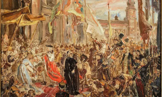 Obraz Matejki: tłum ludzi, postacie w strojach historycznych, flagi, budynek w tle.