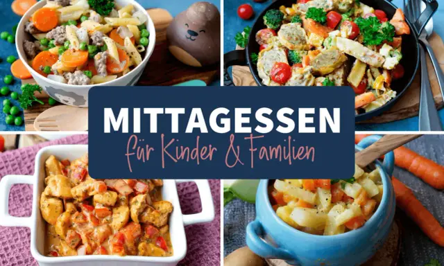 Vier leckere und gesunde Kindergerichte: Nudeln mit Hackfleisch, Gemüsepfanne, Hähnchen-Curry und Kartoffel-Gemüse-Eintopf.